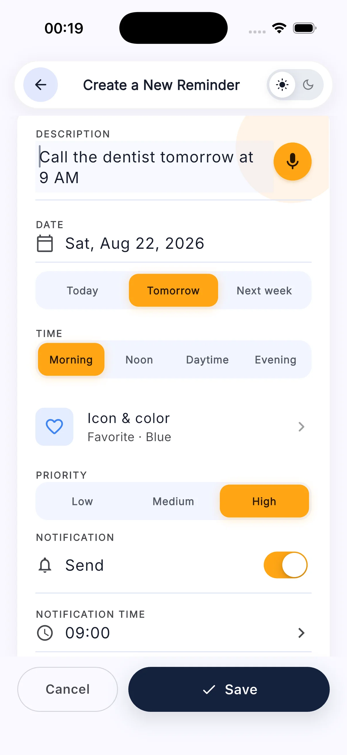 Riselio Reminder create screen with voice
