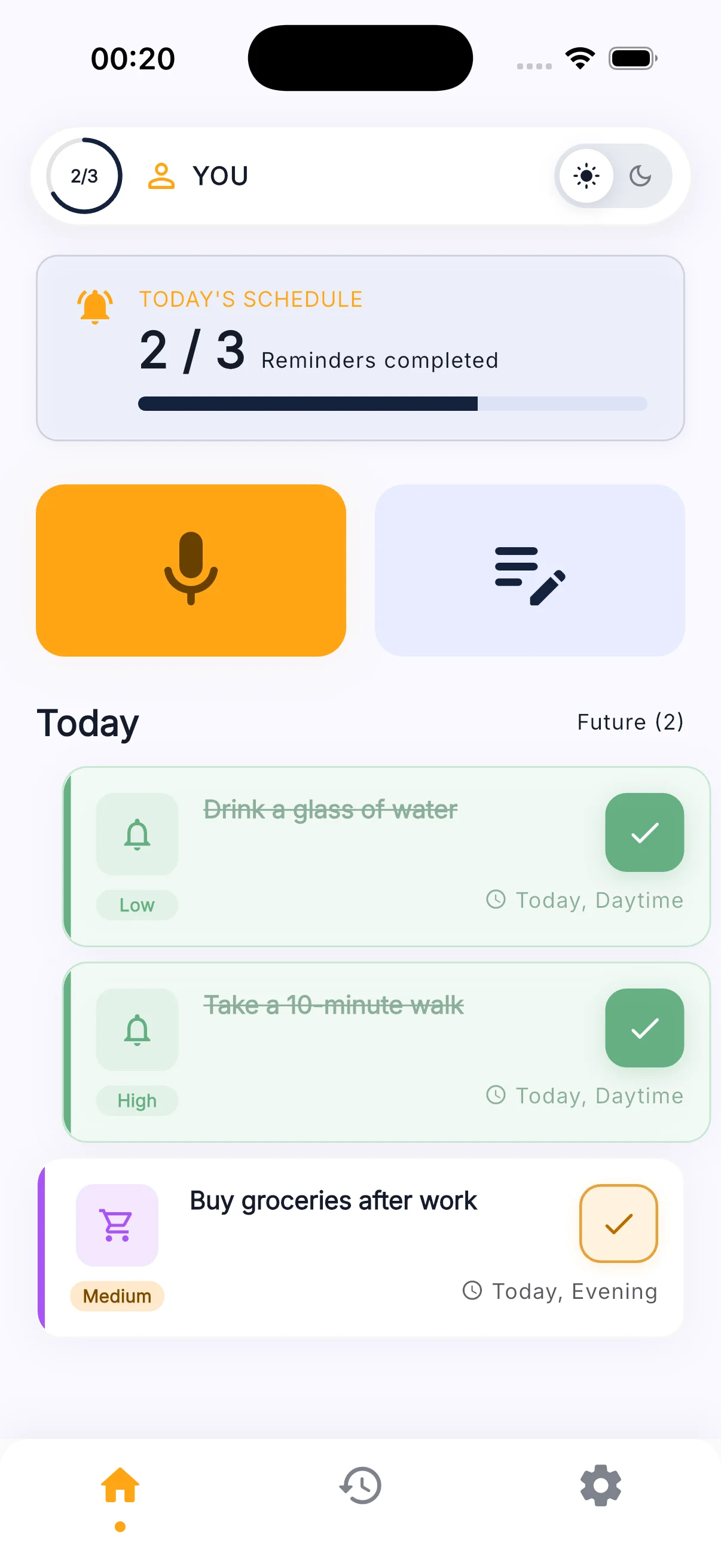 Riselio Reminder today’s schedule with progress